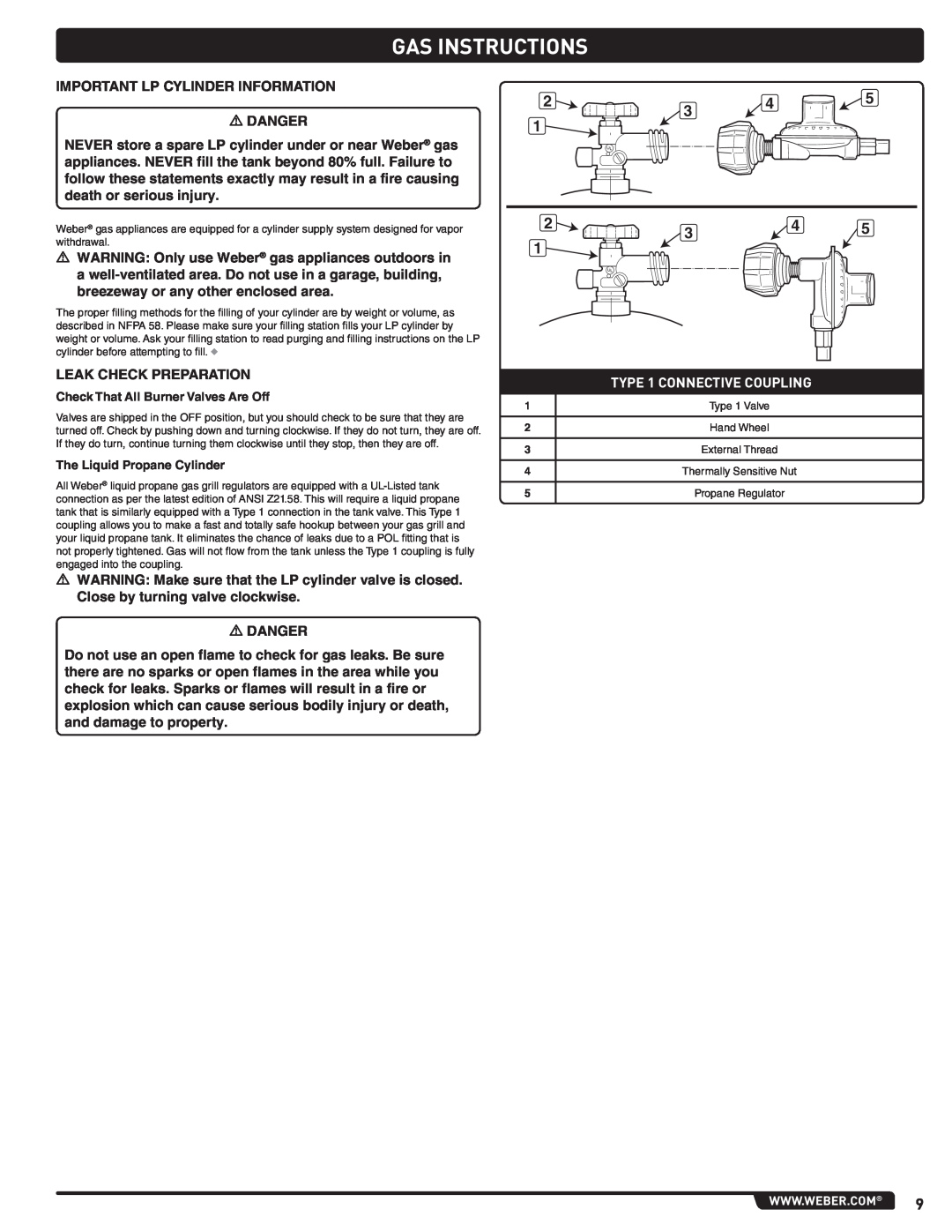 Summit 56214 manual Gas Instructions, TYPE 1 CONNECTIVE COUPLING, Check That All Burner Valves Are Off 