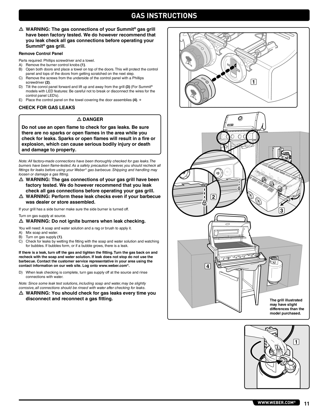 Summit 56575 manual Check for GAS Leaks, Remove Control Panel 