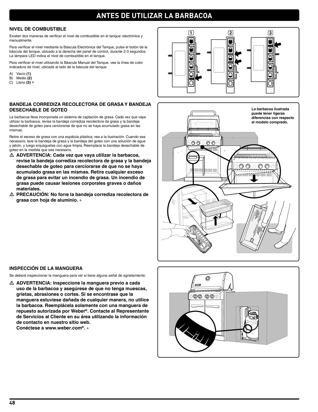 Summit 56575 manual Antes DE Utilizar LA Barbacoa, Nivel DE Combustible, Inspección DE LA Manguera 