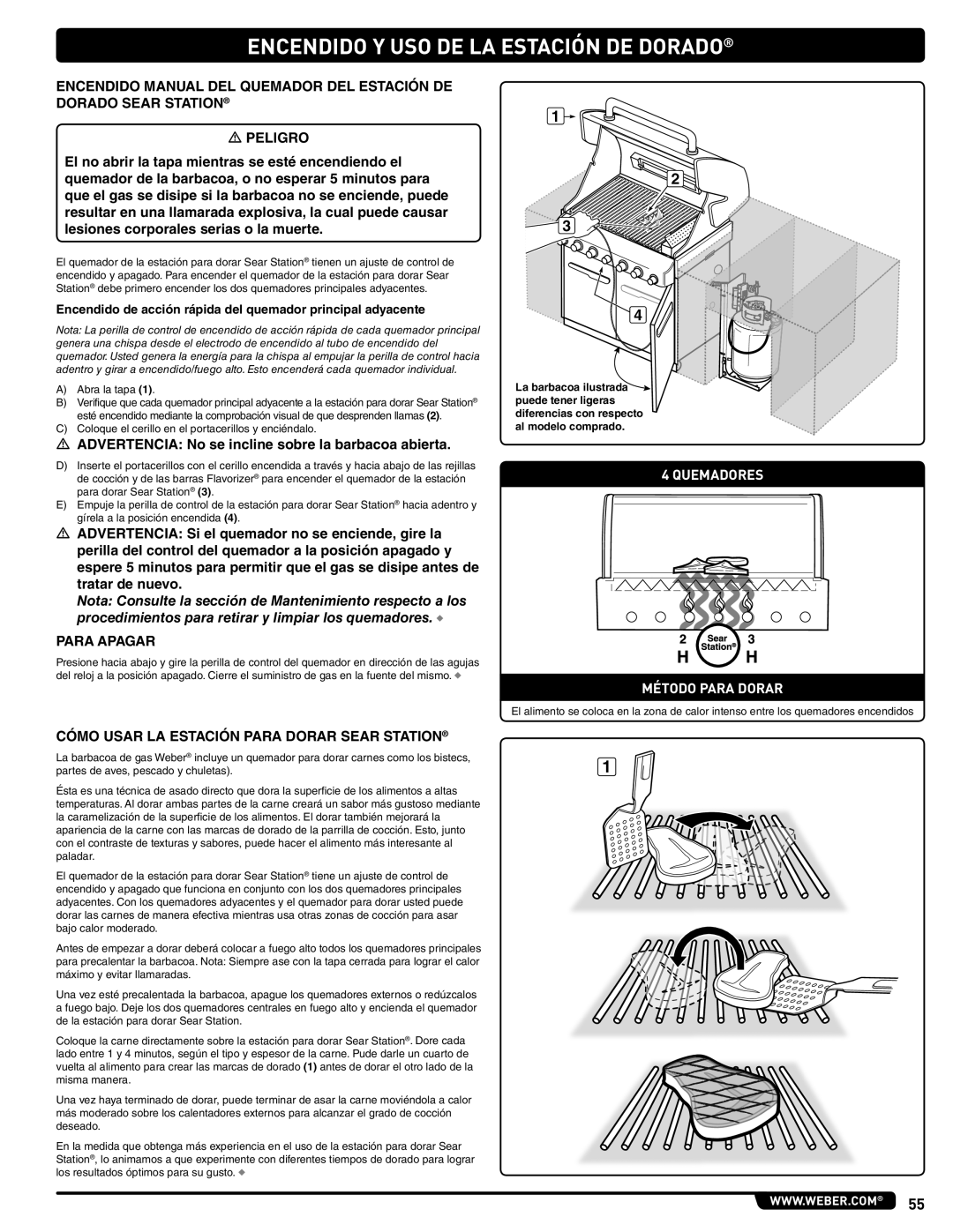 Summit 56575 manual  Advertencia No se incline sobre la barbacoa abierta, Cómo Usar LA Estación Para Dorar Sear Station 