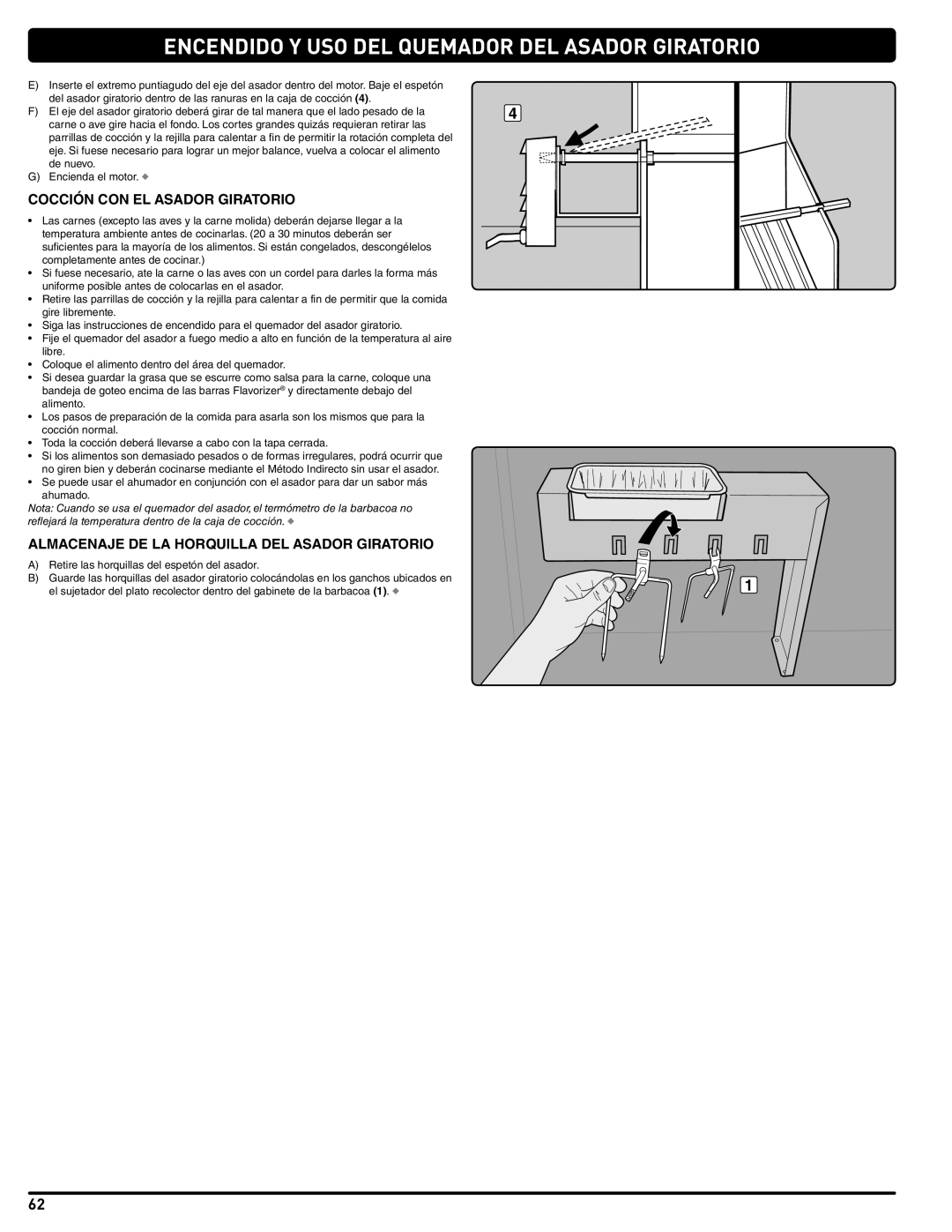 Summit 56575 manual Cocción CON EL Asador Giratorio, Almacenaje DE LA Horquilla DEL Asador Giratorio 