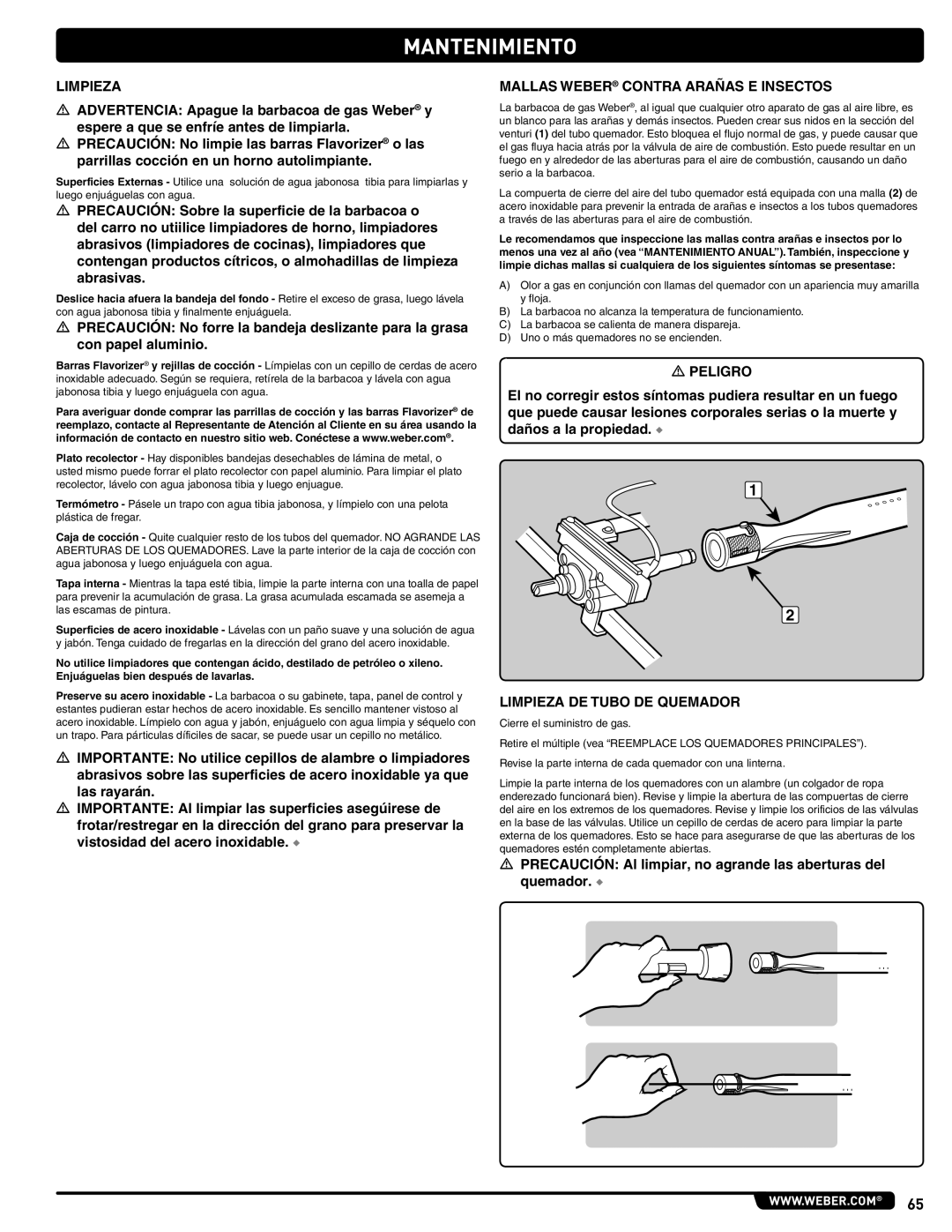 Summit 56575 manual Mantenimiento, Mallas Weber Contra Arañas E Insectos, Limpieza DE Tubo DE Quemador 