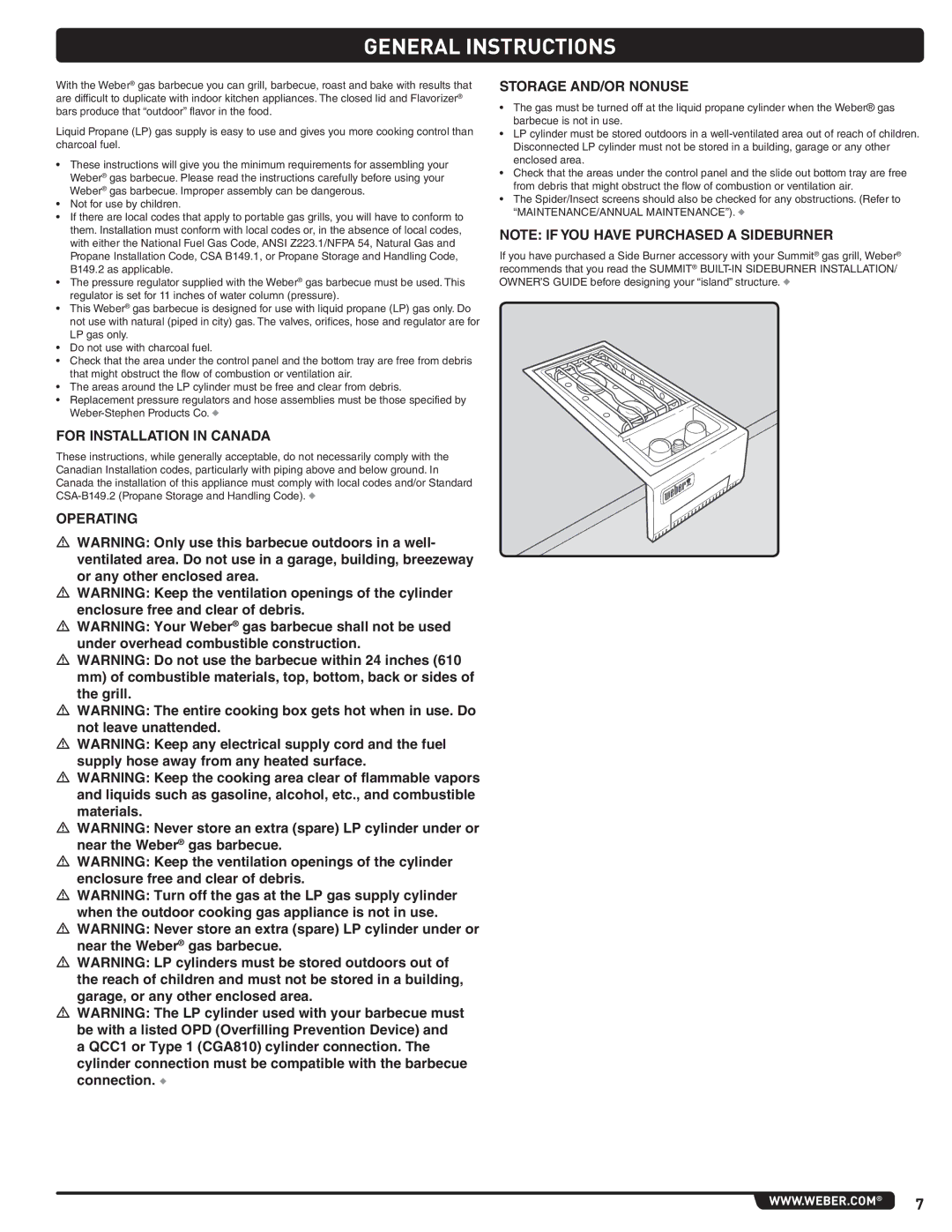 Summit 56575 manual General Instructions, For Installation in Canada, Operating Storage AND/OR Nonuse 