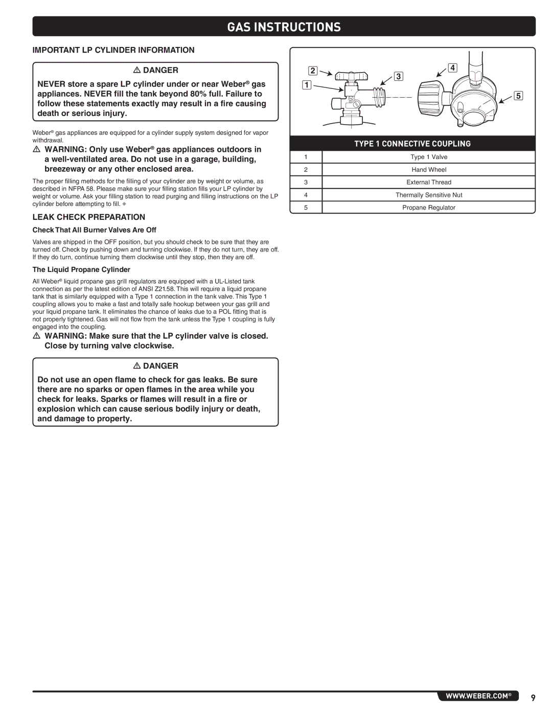 Summit 56575 manual Important LP Cylinder Information, Leak Check Preparation, Check That All Burner Valves Are Off 