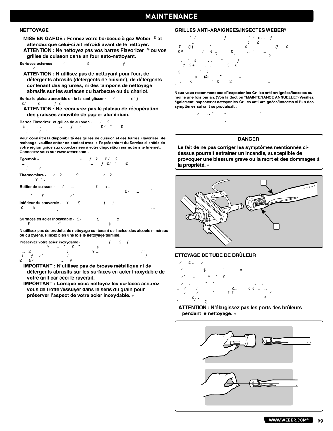 Summit 56575 manual Nettoyage, Grilles ANTI-ARAIGNEES/INSECTES Weber, Ettoyage DE Tube DE Brûleur 