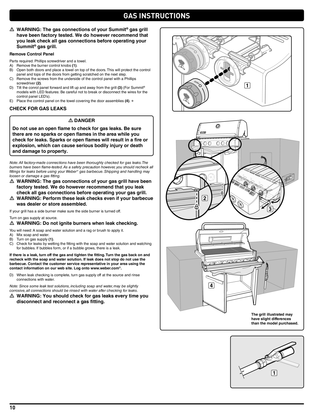 Summit 56580 manual Check for GAS Leaks, Remove Control Panel 