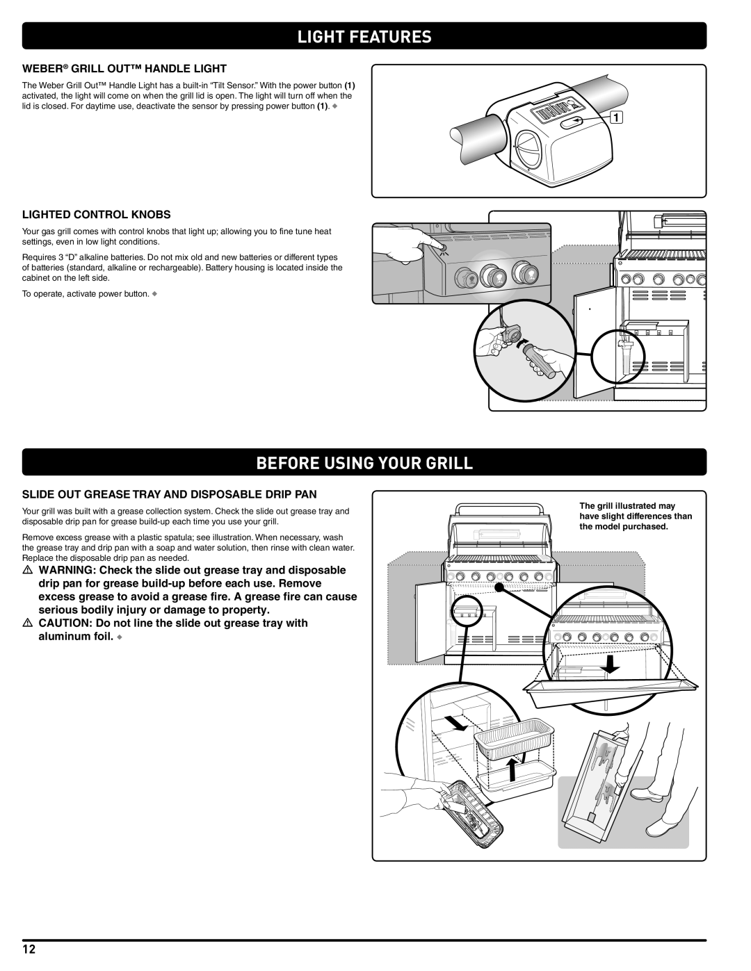 Summit 56580 manual Light Features, Before Using Your Grill, Weber Grill OUT Handle Light, Lighted Control Knobs 