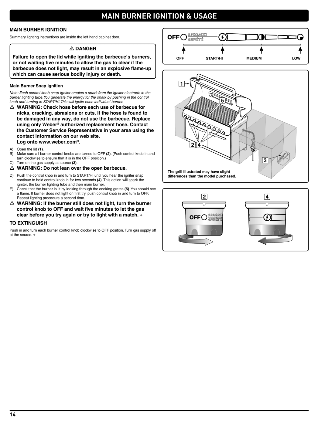 Summit 56580 manual Main Burner Ignition & Usage, To Extinguish, Main Burner Snap Ignition 