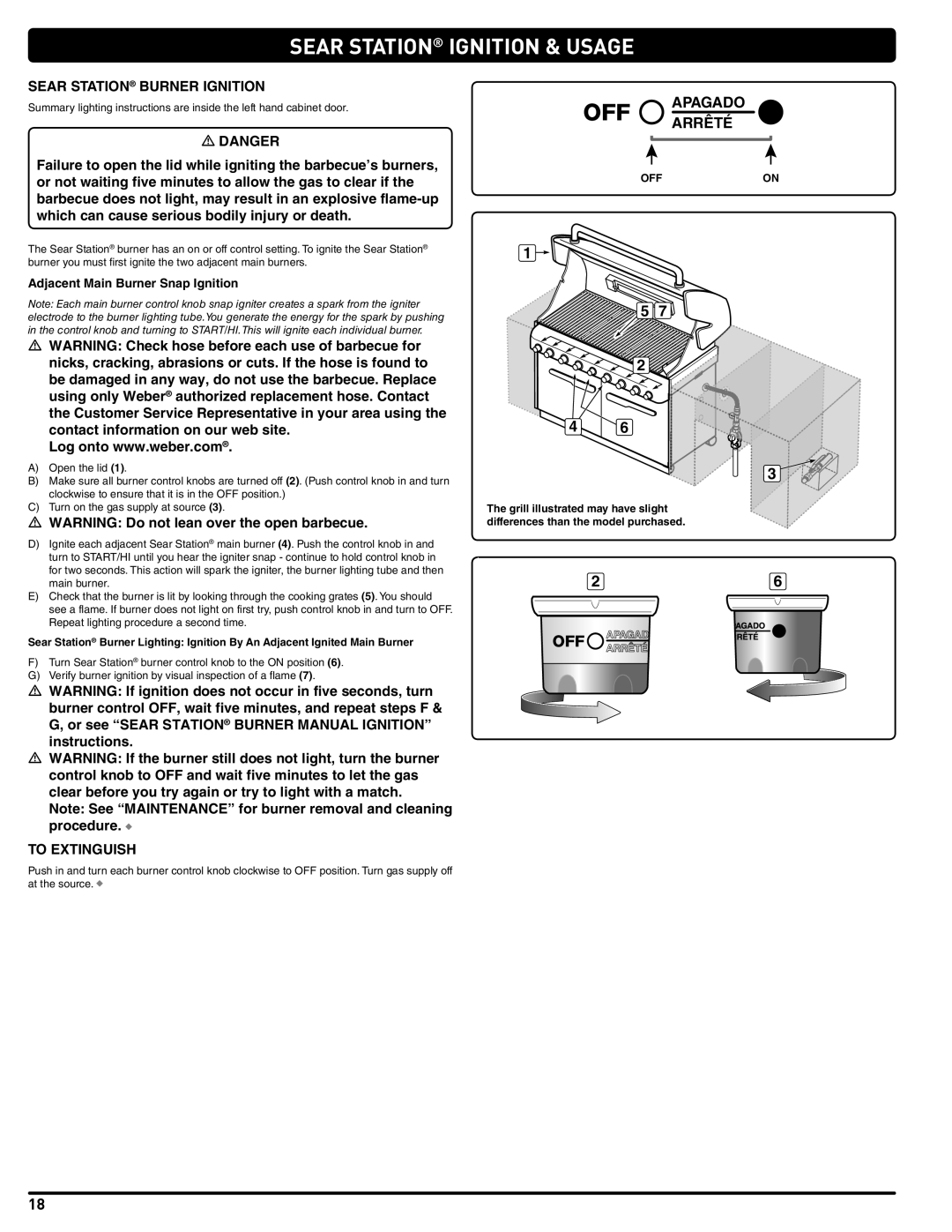 Summit 56580 manual Sear Station Ignition & Usage, Sear Station Burner Ignition, Adjacent Main Burner Snap Ignition 