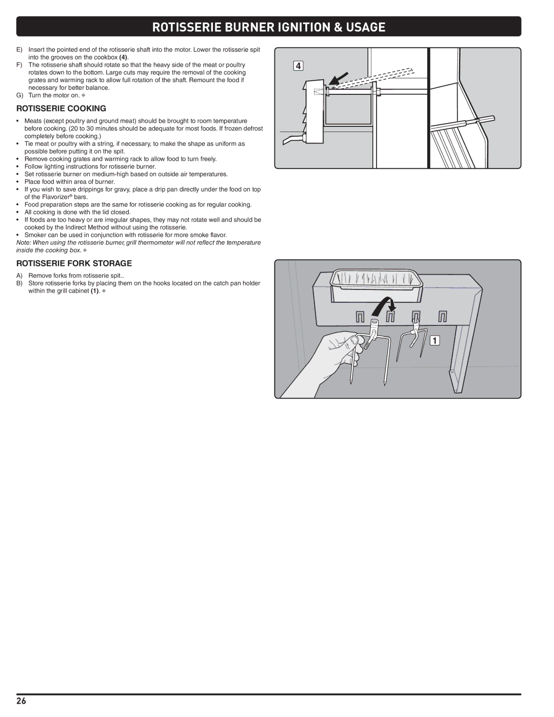 Summit 56580 manual Rotisserie Cooking, Rotisserie Fork Storage 