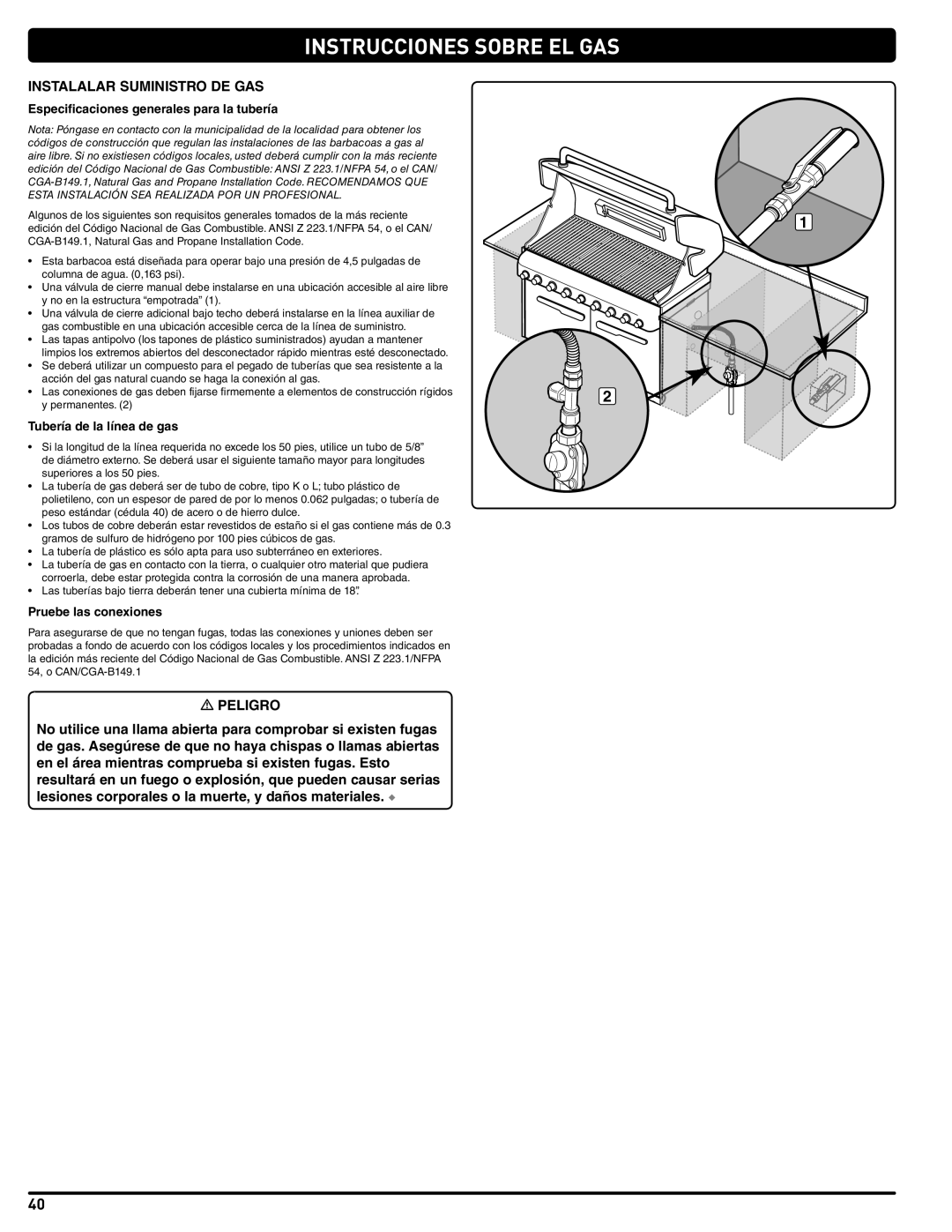 Summit 56580 manual Instrucciones Sobre EL GAS, Instalalar Suministro DE GAS, Especificaciones generales para la tubería 