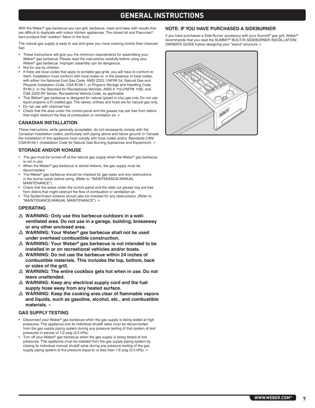 Summit 56580 manual General Instructions, Canadian Installation, Storage AND/OR Nonuse, Operating GAS Supply Testing 