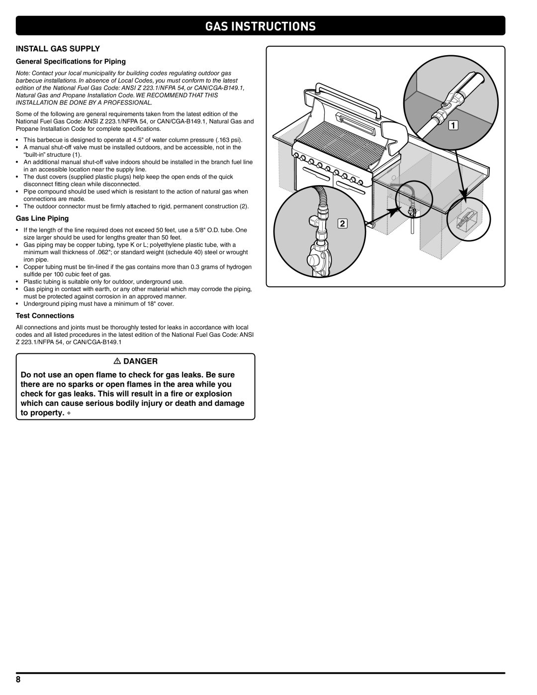 Summit 56580 GAS Instructions, Install GAS Supply, General Specifications for Piping, Gas Line Piping, Test Connections 