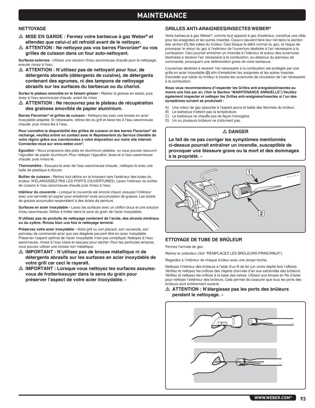 Summit 56580 manual Nettoyage, Grilles ANTI-ARAIGNEES/INSECTES Weber, Ettoyage DE Tube DE Brûleur 