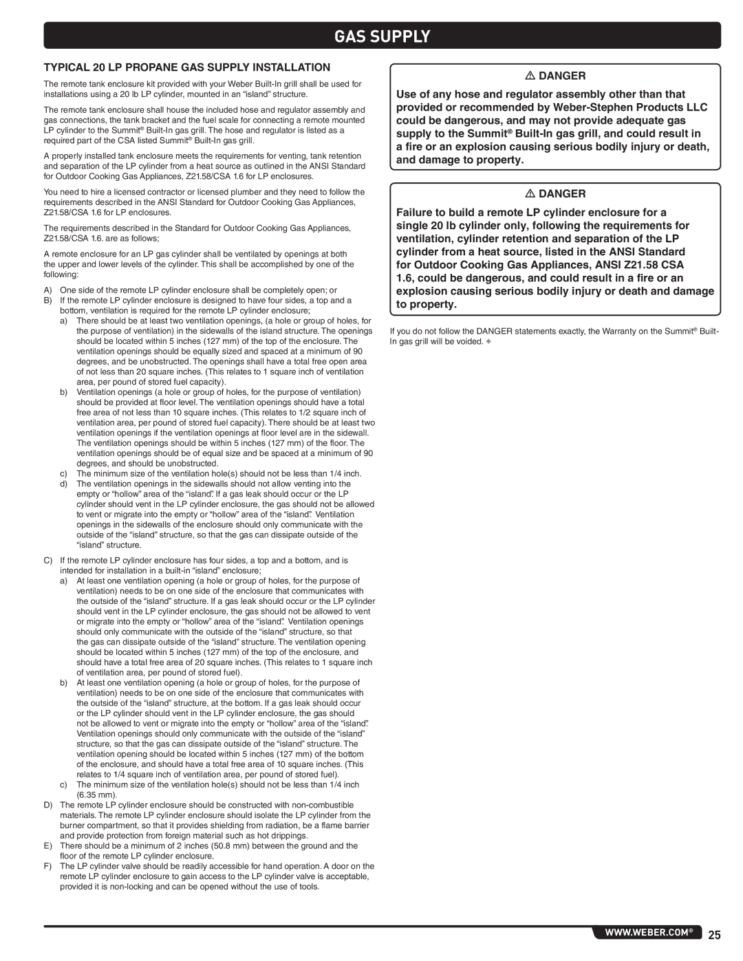 Summit 460-LP, 660-LP manual Typical 20 LP Propane GAS Supply Installation 