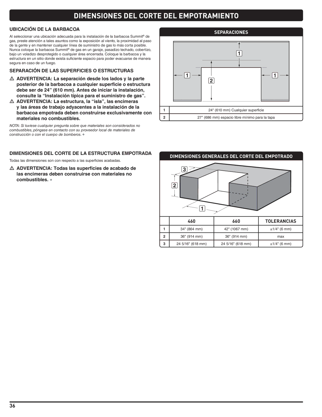 Summit 660-LP, 460-LP manual Ubicación DE LA Barbacoa, Separación DE LAS Superficies O Estructuras, Separaciones 