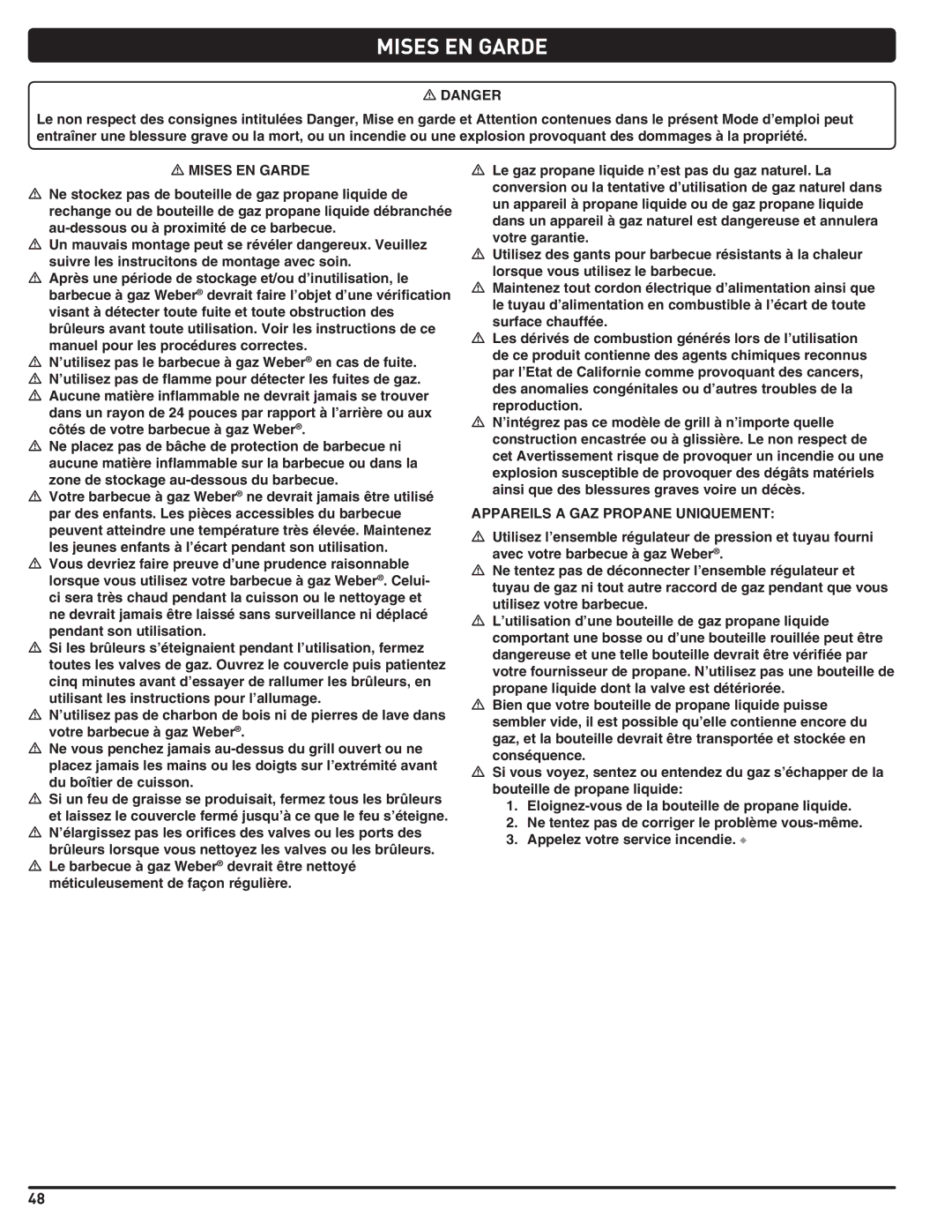 Summit 660-LP, 460-LP manual Mises EN Garde, Appareils a GAZ Propane Uniquement 