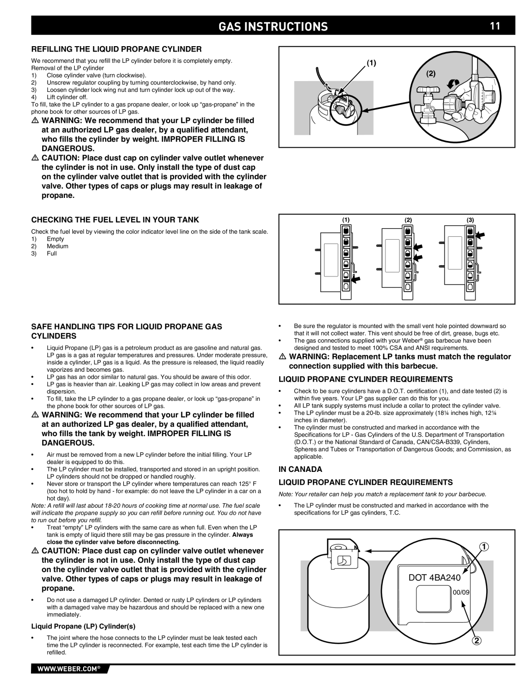 Summit 89190 manual Refilling the Liquid Propane Cylinder, Checking the Fuel Level in Your Tank 