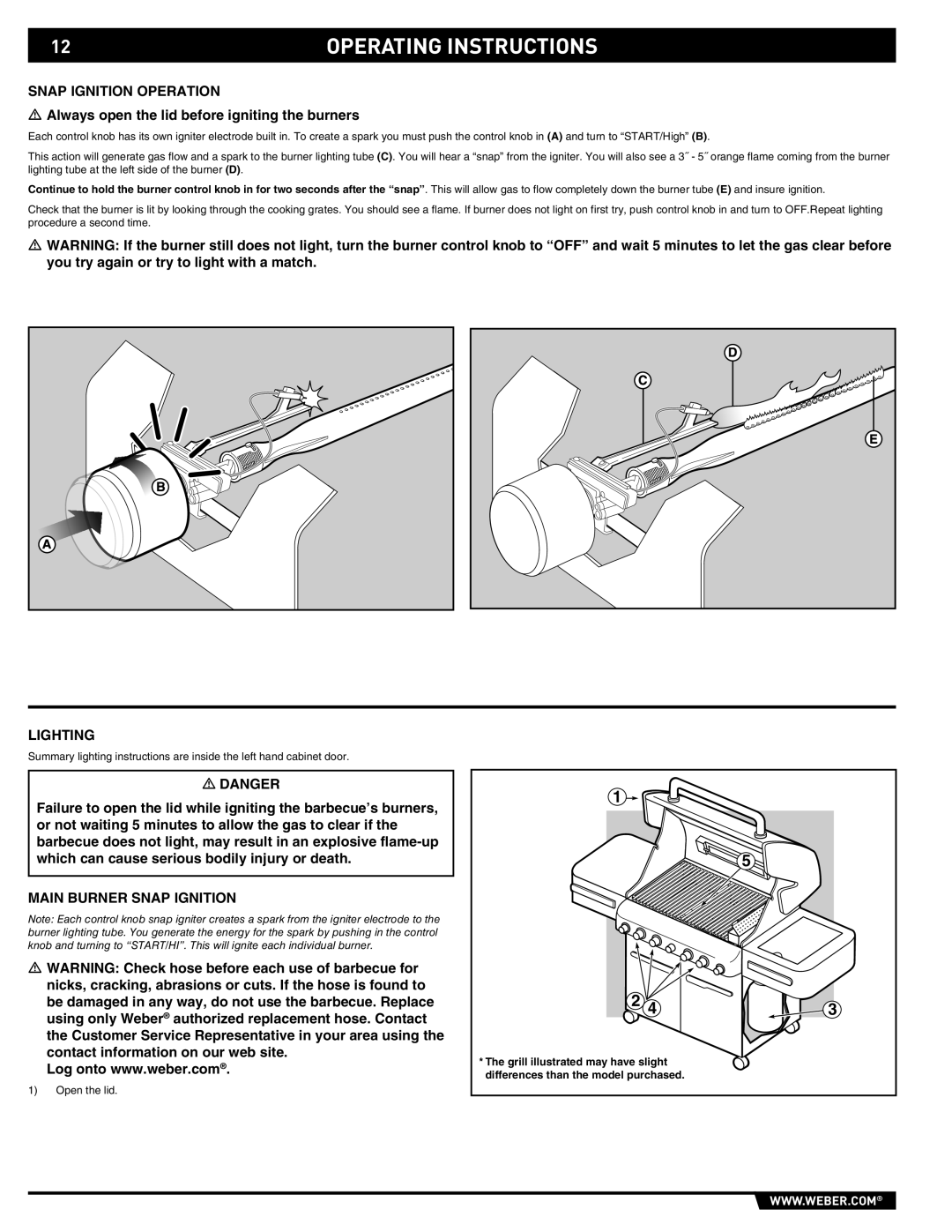 Summit 89190 manual Operating Instructions, Snap Ignition Operation, Lighting, Main Burner Snap Ignition 