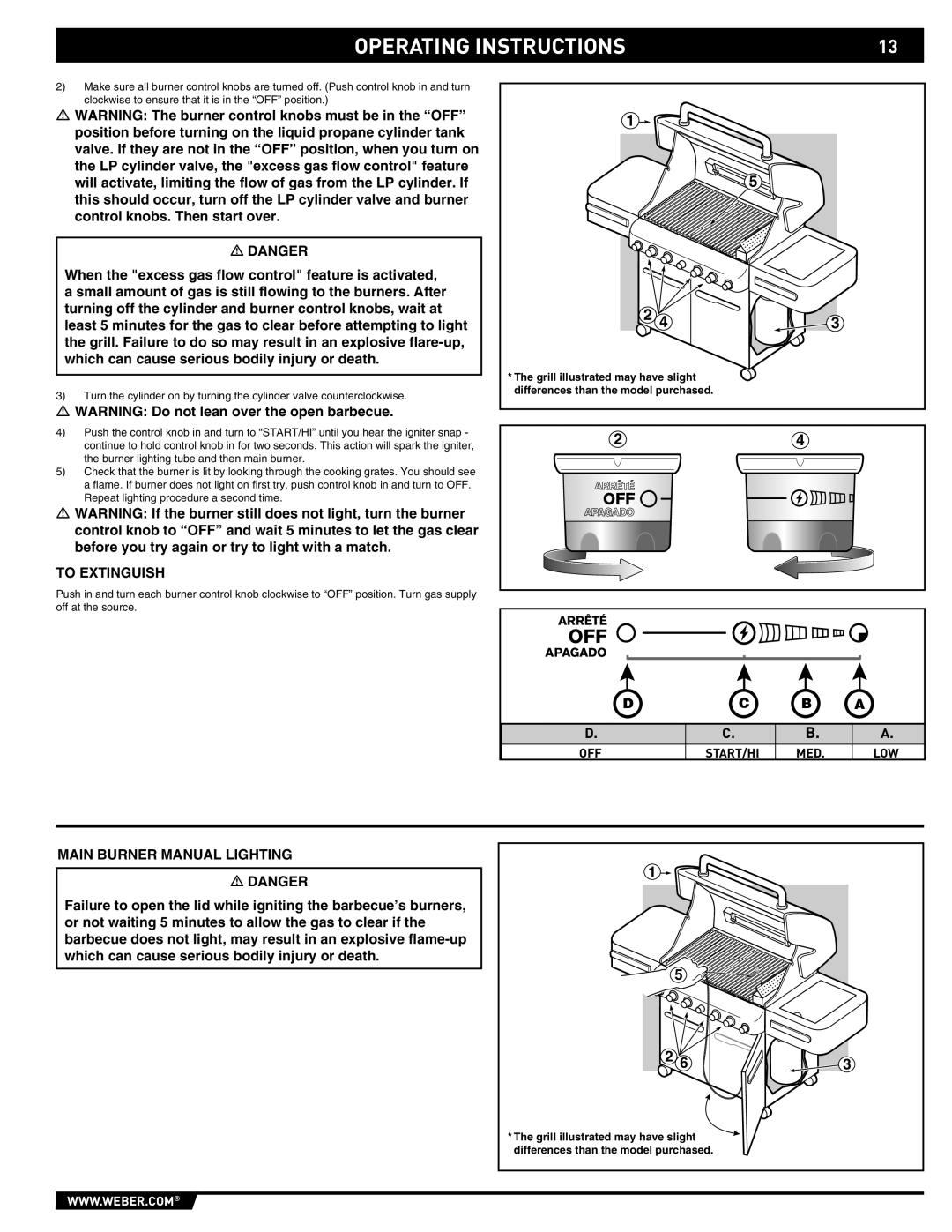 Summit 89190 manual To Extinguish, Main Burner Manual Lighting, Arrêté, Apagado 