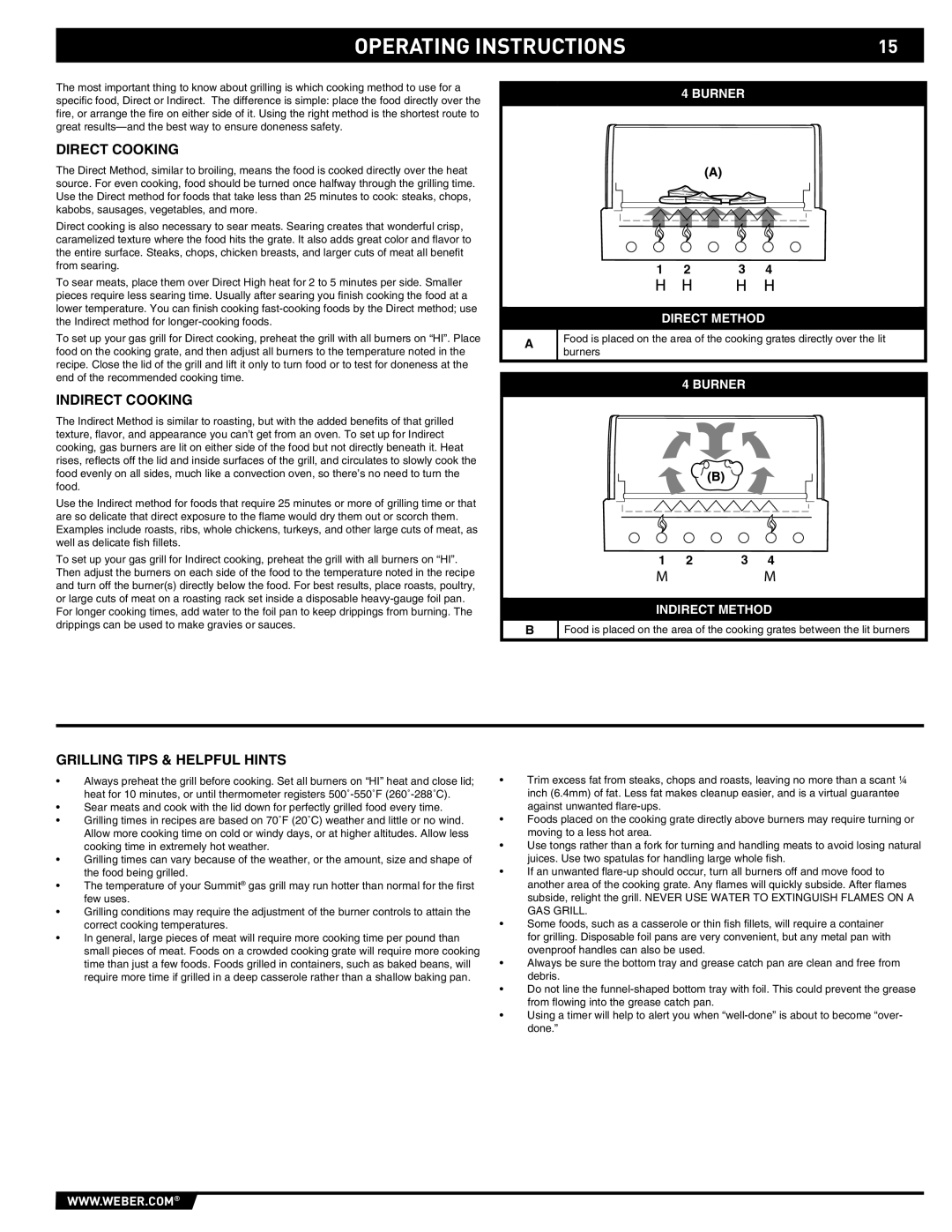 Summit 89190 manual Direct Cooking, Indirect Cooking, Grilling Tips & Helpful Hints 