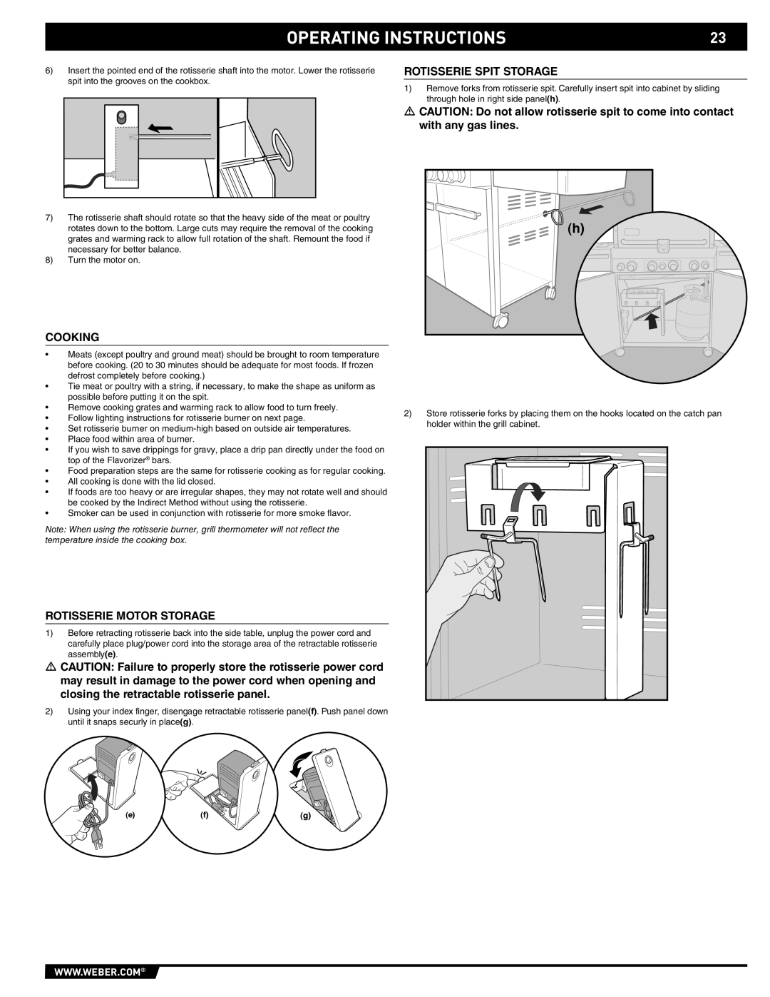 Summit 89190 manual Rotisserie Spit Storage, Cooking, Rotisserie Motor Storage 