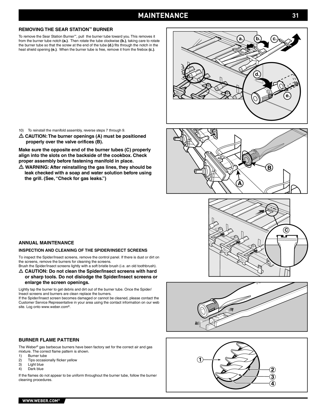 Summit 89190 manual Removing the Sear Station Burner, Annual Maintenance, Burner Flame Pattern 