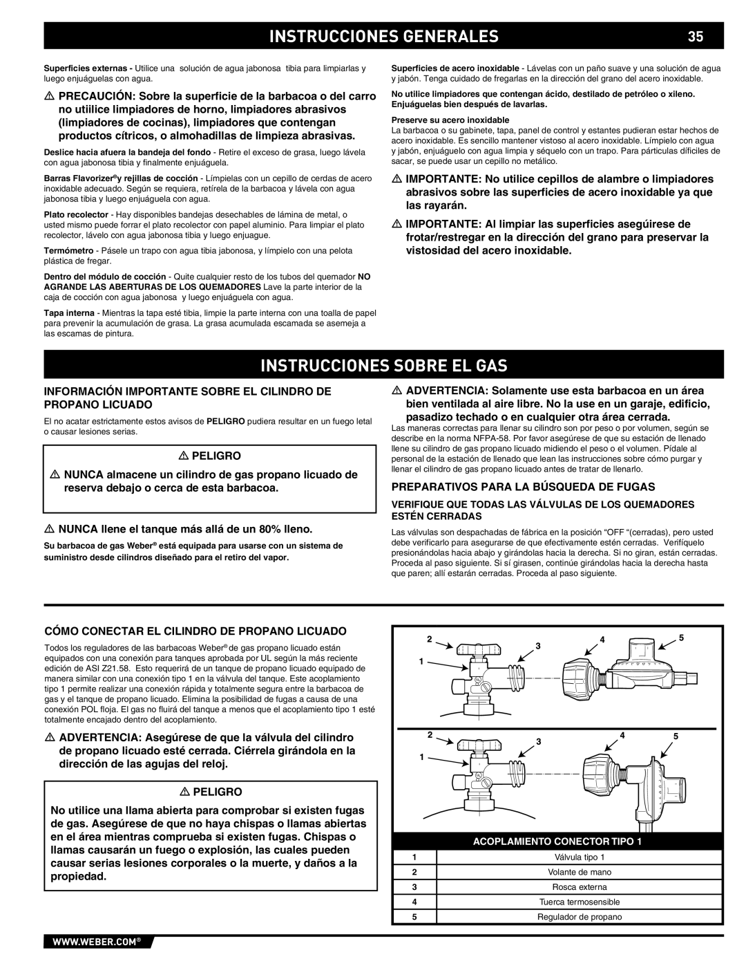 Summit 89190 manual Instrucciones Sobre EL GAS, Información Importante Sobre EL Cilindro DE Propano Licuado 