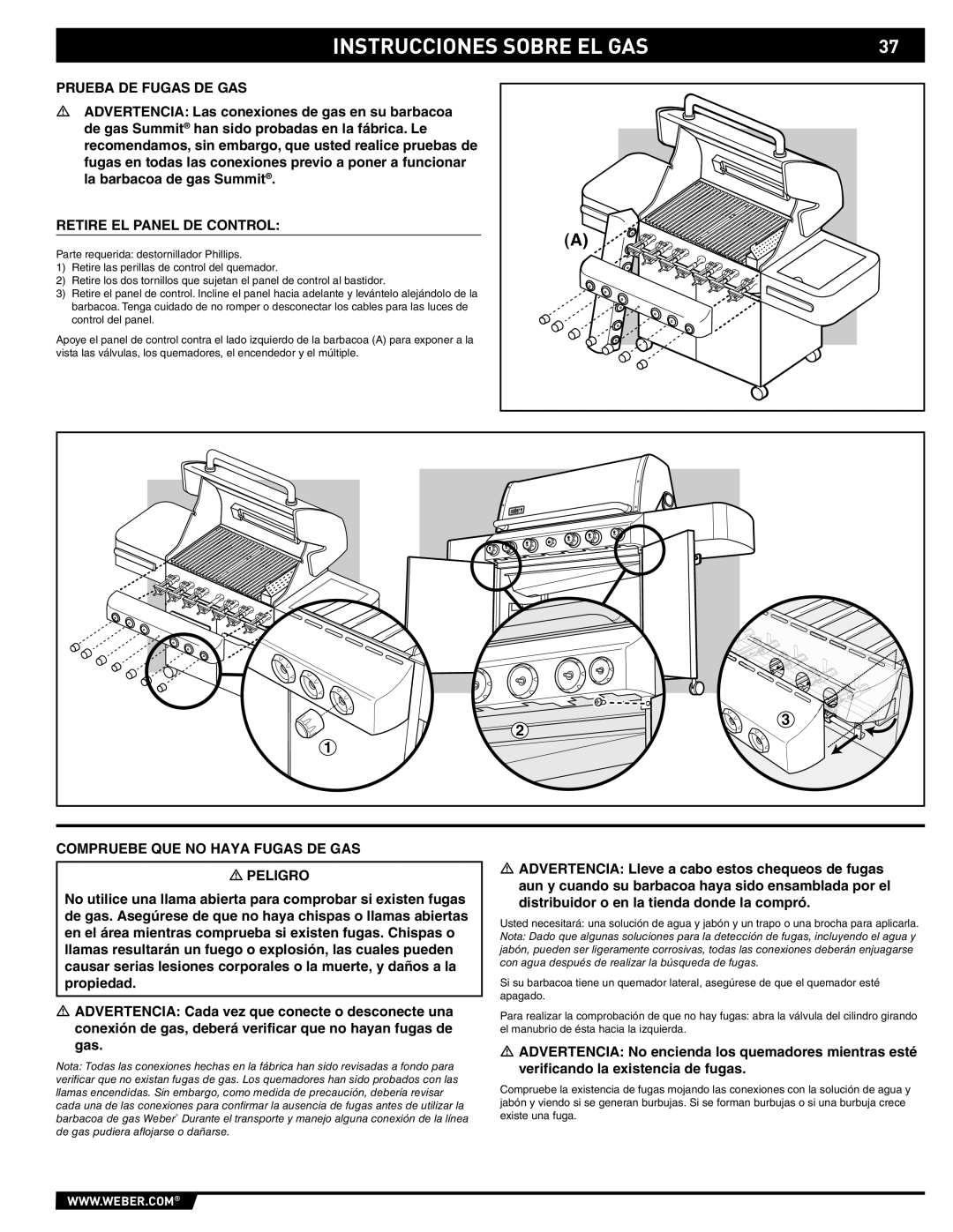 Summit 89190 manual Prueba DE Fugas DE GAS, Retire EL Panel DE Control, Compruebe QUE no Haya Fugas DE GAS Peligro 