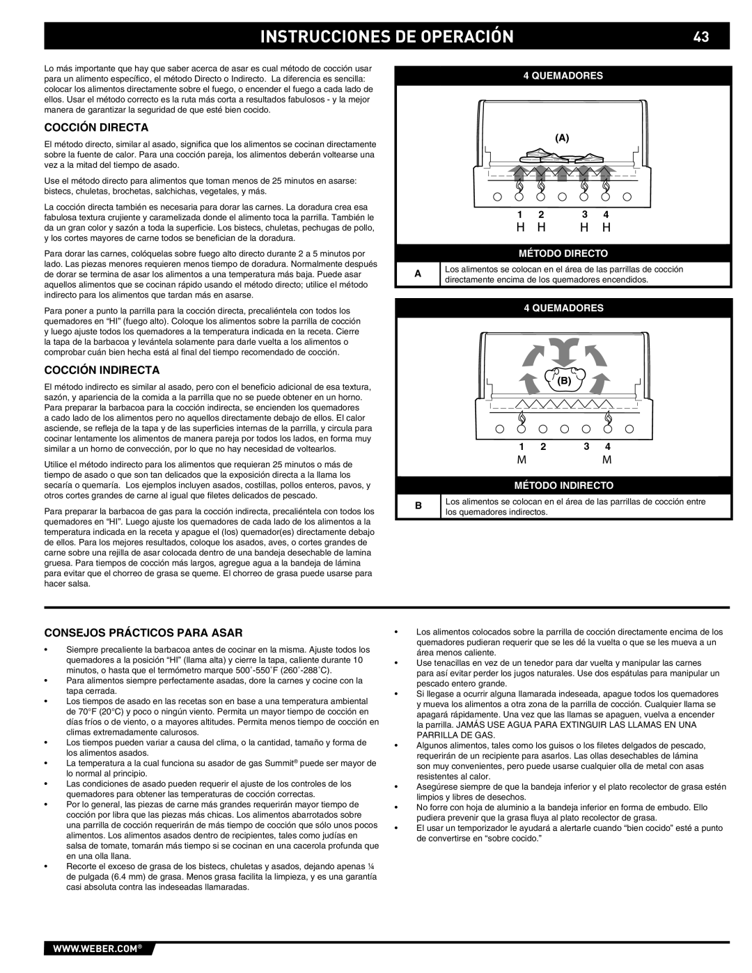 Summit 89190 manual Cocción Directa, Cocción Indirecta, Consejos Prácticos Para Asar 