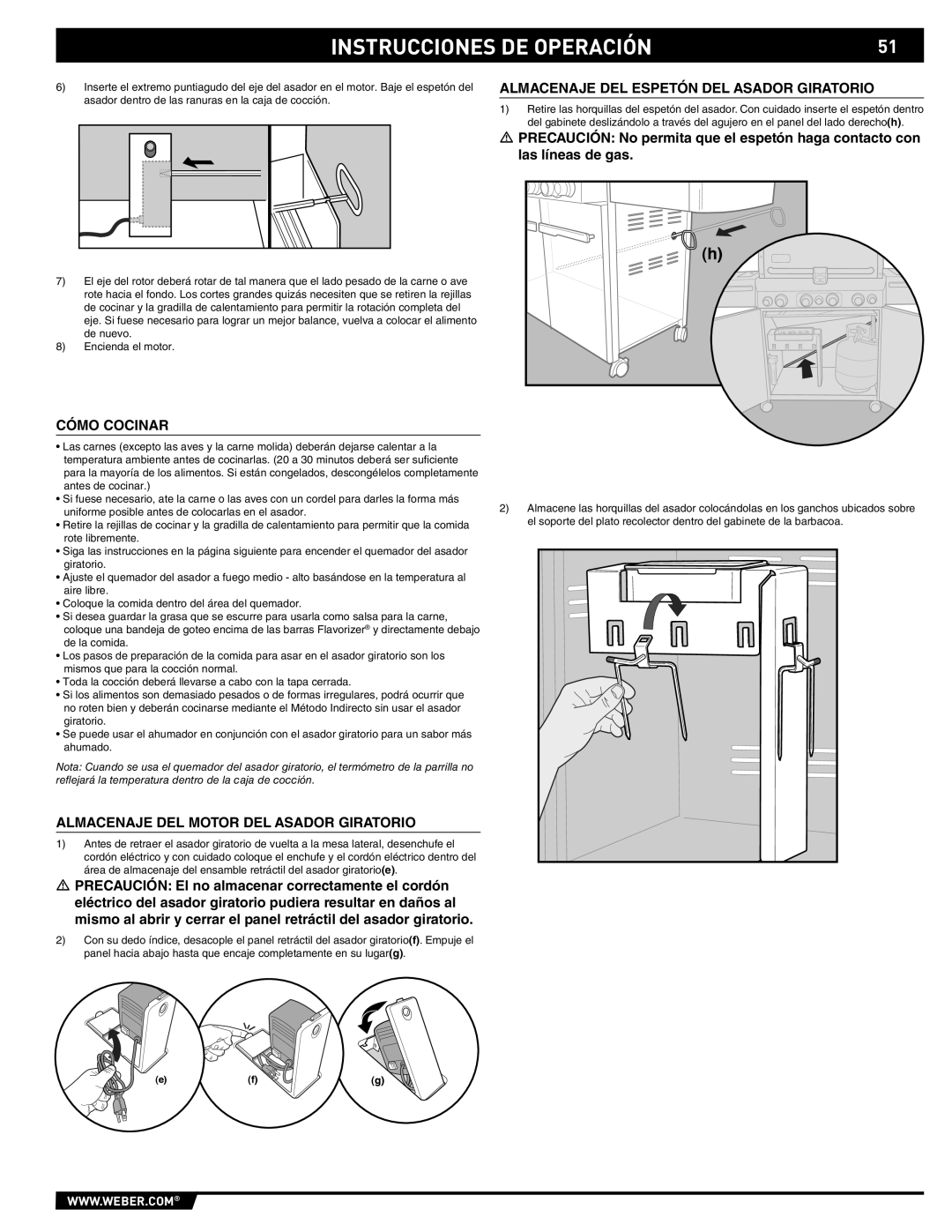 Summit 89190 manual Almacenaje DEL Espetón DEL Asador Giratorio, Cómo Cocinar, Almacenaje DEL Motor DEL Asador Giratorio 