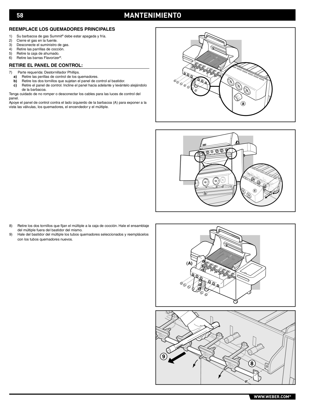 Summit 89190 manual 58MANTENIMIENTO, Reemplace LOS Quemadores Principales 