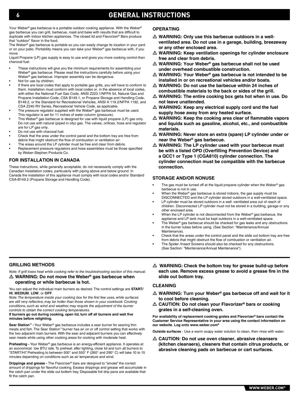 Summit 89190 General Instructions, For Installation in Canada, Operating Storage AND/OR Nonuse, Grilling Methods, Cleaning 