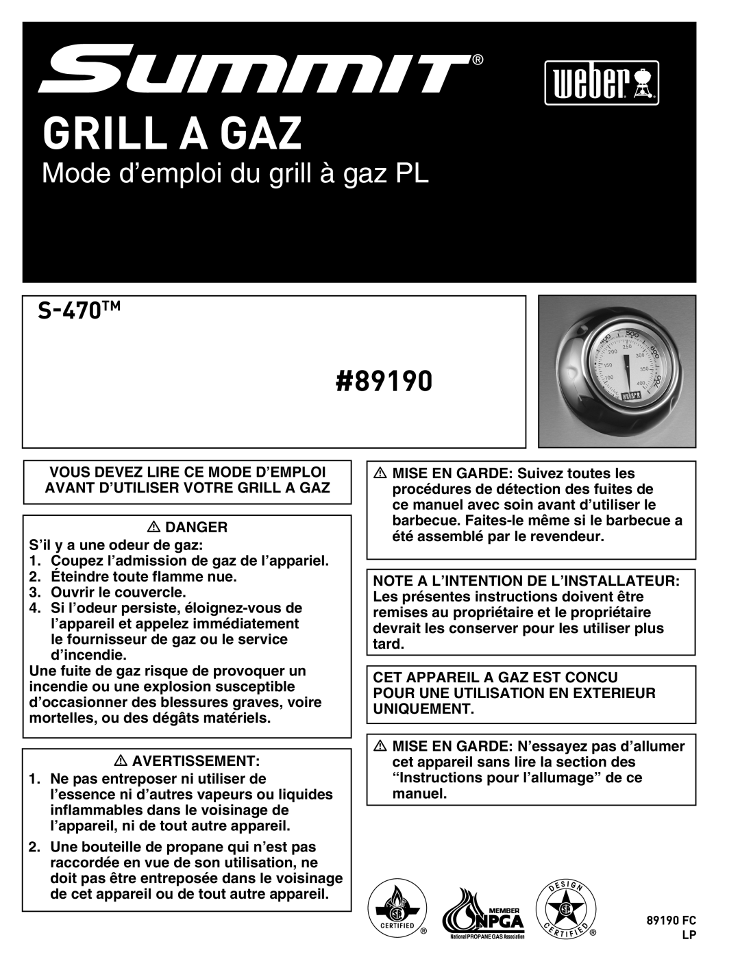 Summit 89190 manual Grill a GAZ 