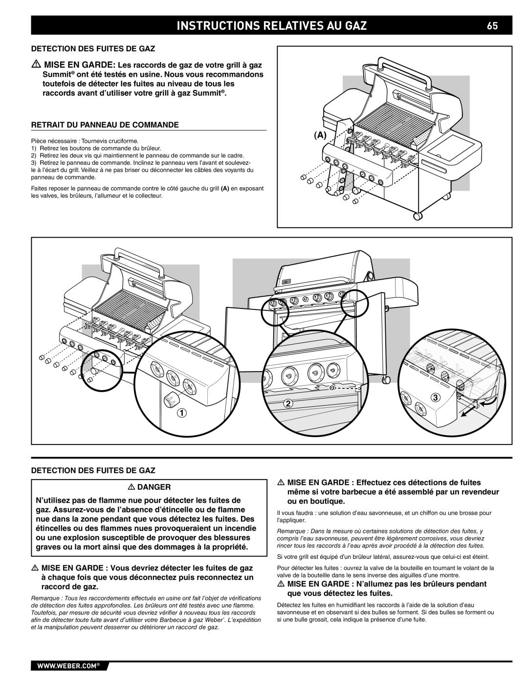 Summit 89190 manual Detection DES Fuites DE GAZ, Retrait DU Panneau DE Commande 