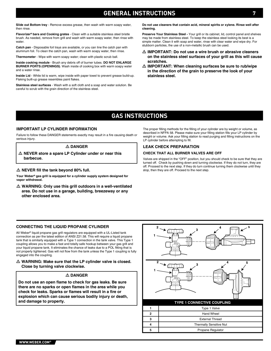 Summit 89190 manual GAS Instructions, Important LP Cylinder Information, Leak Check Preparation 