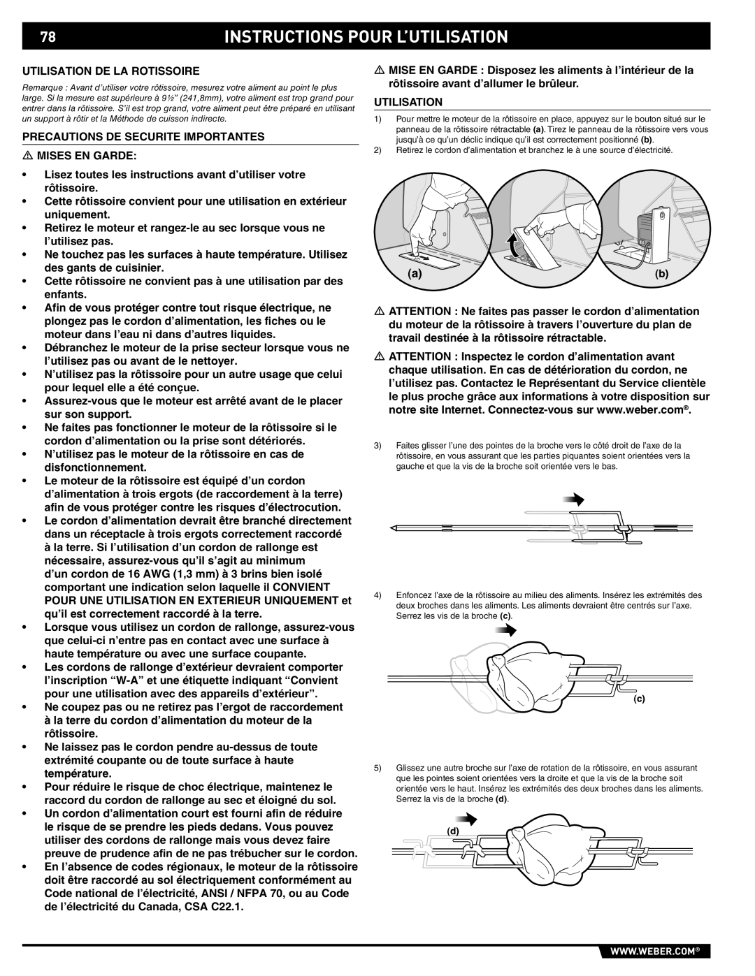 Summit 89190 manual Utilisation DE LA Rotissoire, Precautions DE Securite Importantes Mises EN Garde 