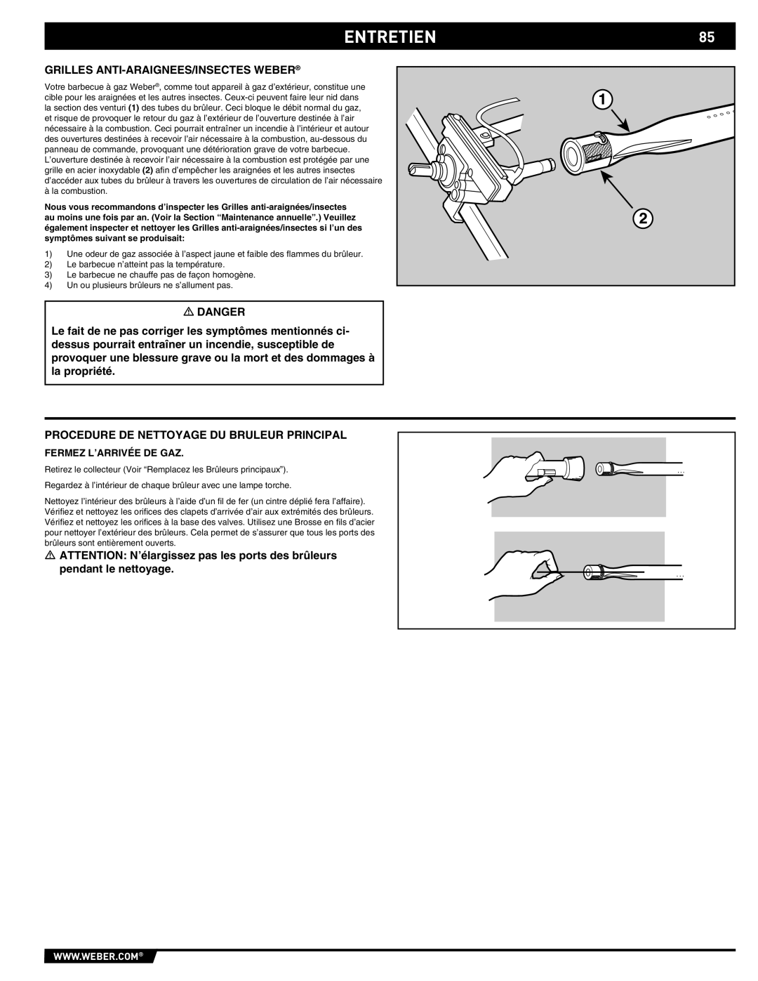 Summit 89190 manual ENTRETIEN85, Grilles ANTI-ARAIGNEES/INSECTES Weber, Procedure DE Nettoyage DU Bruleur Principal 