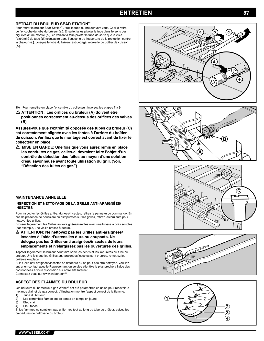 Summit 89190 manual Entretien, Retrait DU Bruleur Sear Station, Maintenance Annuelle, Aspect DES Flammes DU Brûleur 
