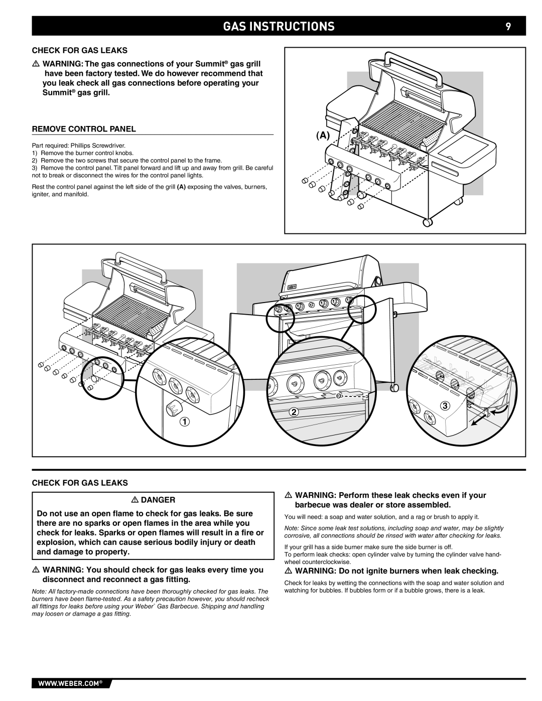 Summit 89190 manual Check for GAS Leaks Remove Control Panel 