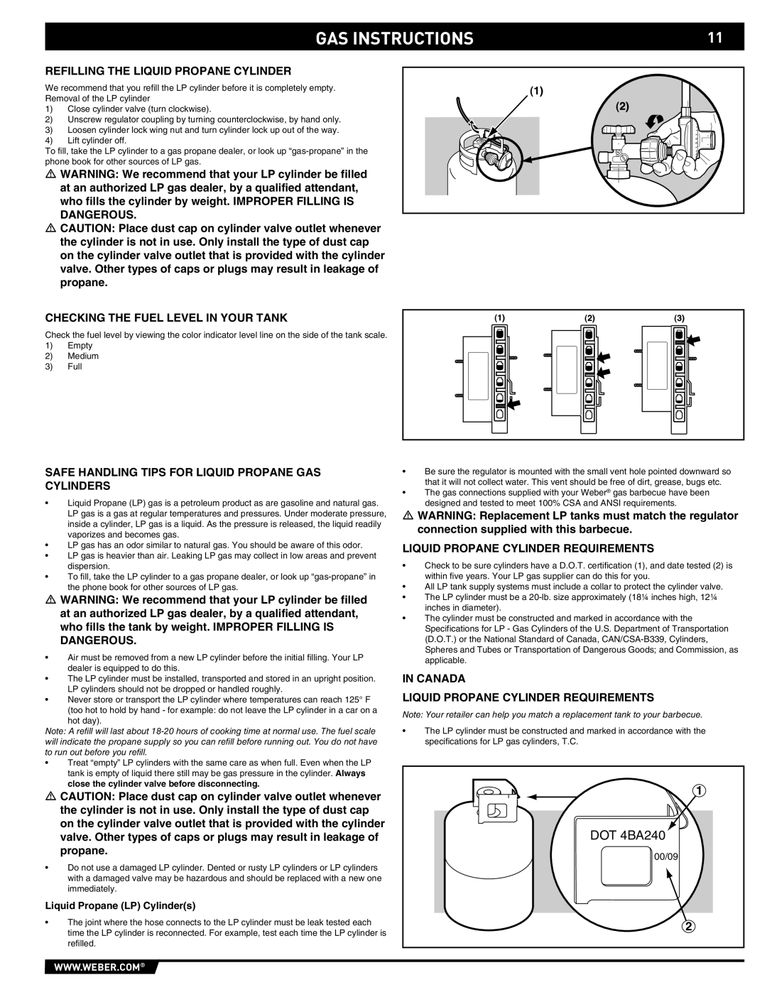 Summit 89190 manual Gas Instructions, DOT 4BA240, Liquid Propane LP Cylinders 