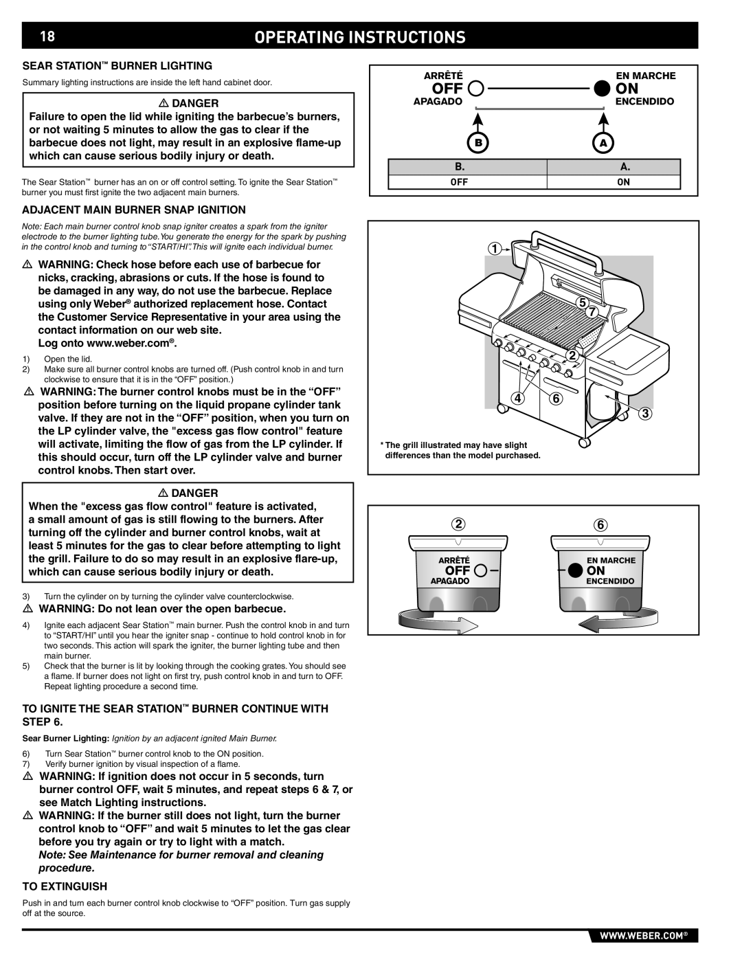 Summit 89190 manual Operating Instructions, Note See Maintenance for burner removal and cleaning procedure 