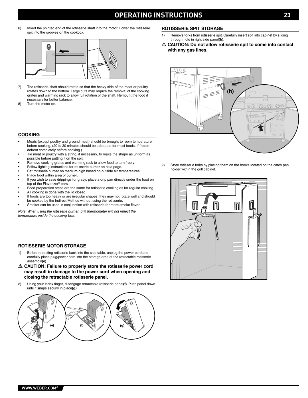 Summit 89190 manual Operating Instructions, Rotisserie Spit Storage, Cooking, Rotisserie Motor Storage 