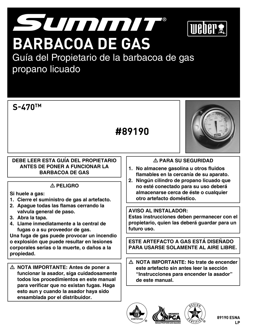 Summit manual Barbacoa De Gas, Guía del Propietario de la barbacoa de gas propano licuado, #89190, S-470TM 