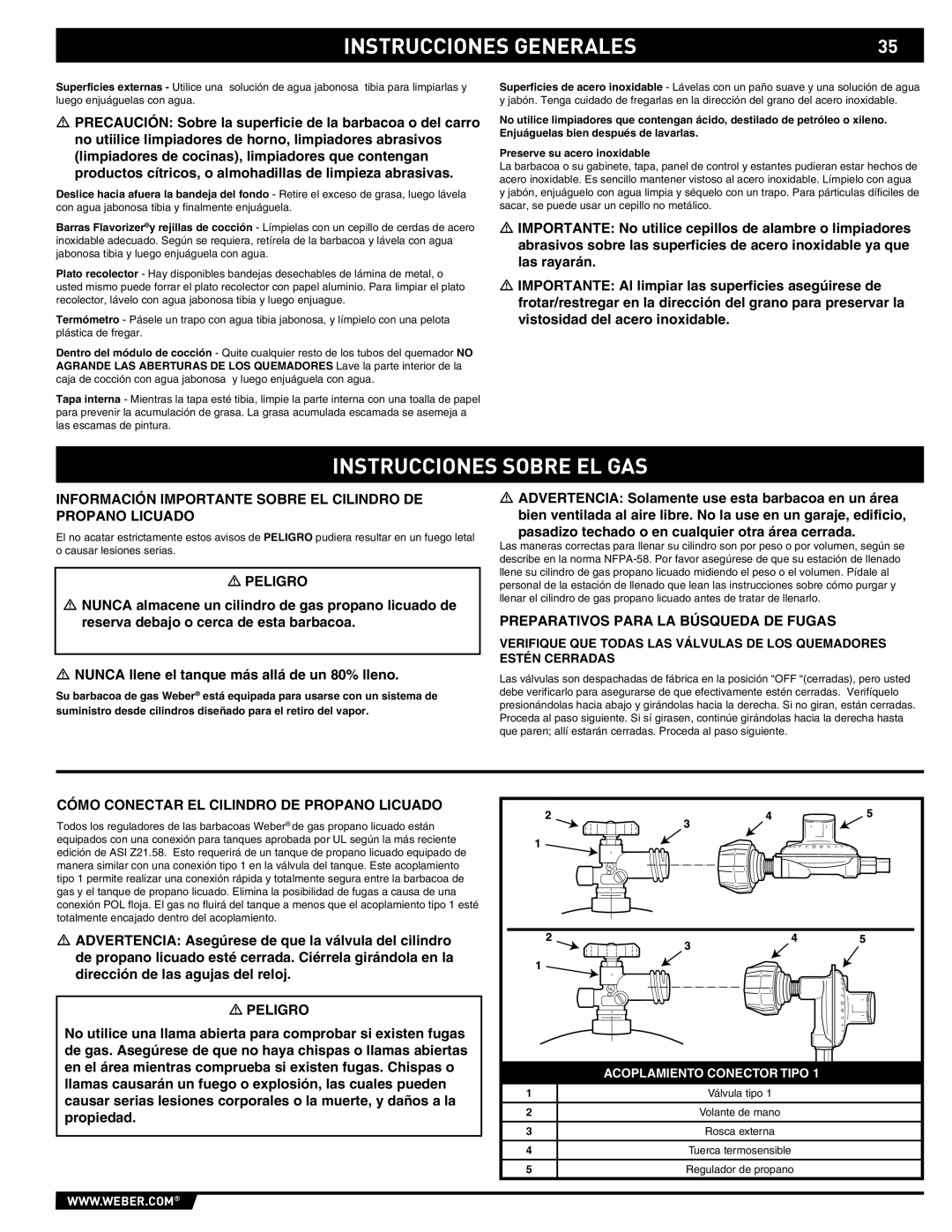 Summit 89190 manual Instrucciones Sobre El Gas, Instrucciones Generales, Acoplamiento Conector Tipo 