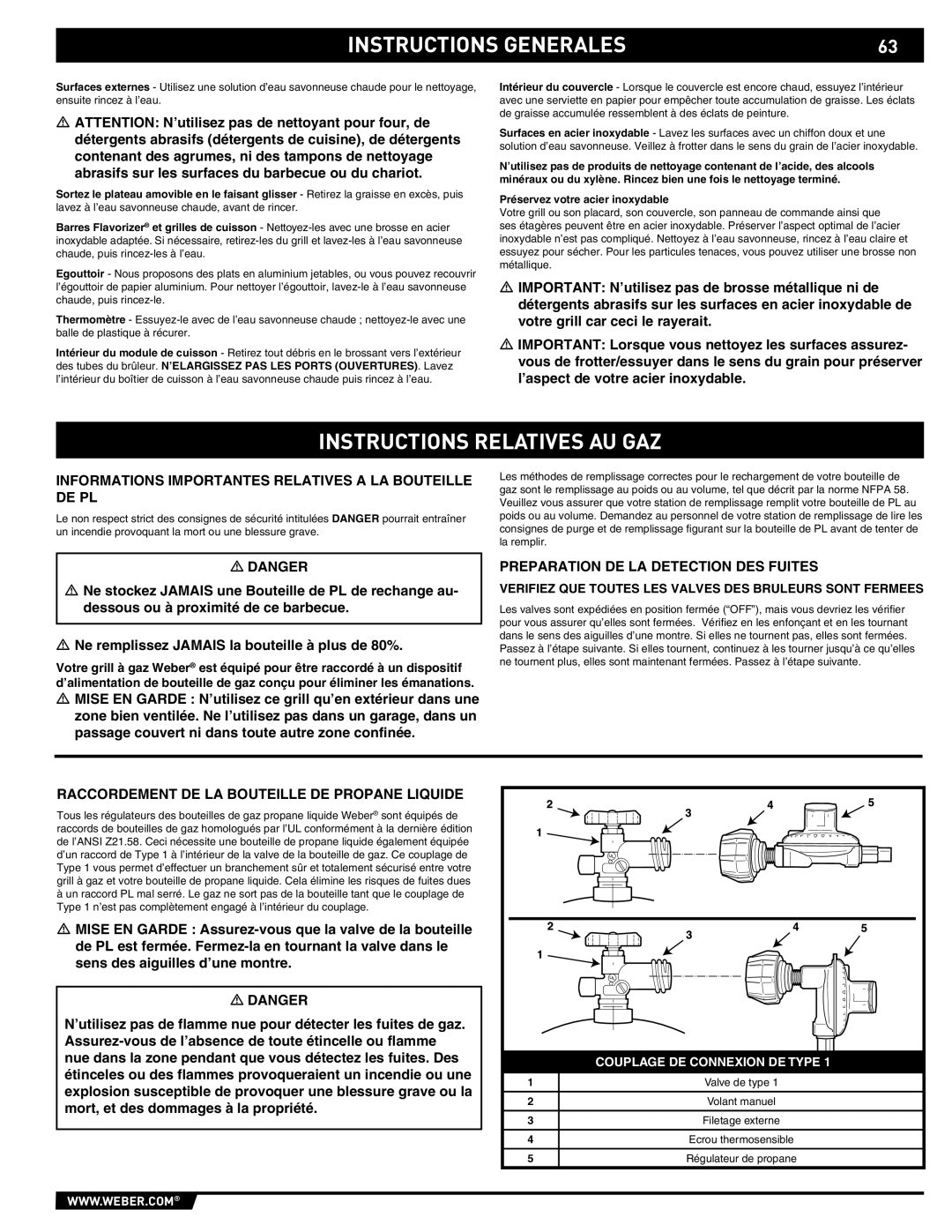 Summit 89190 manual Instructions Relatives Au Gaz, Instructions Generales, Couplage De Connexion De Type 