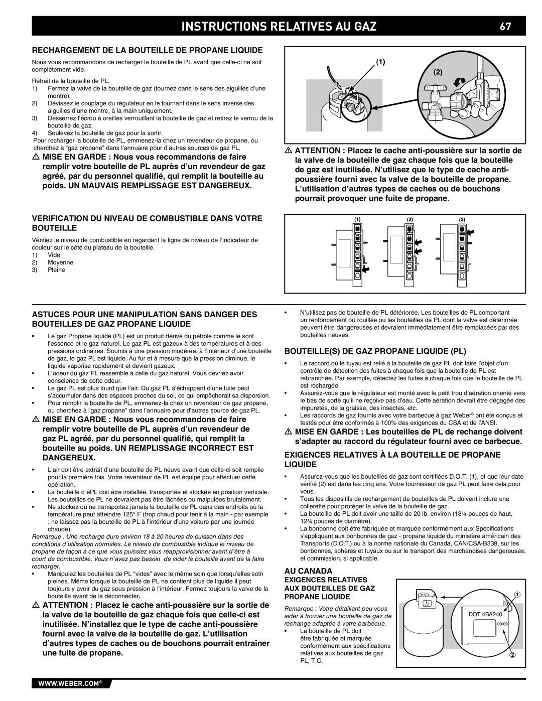 Summit 89190 manual Instructions Relatives Au Gaz, Rechargement De La Bouteille De Propane Liquide 