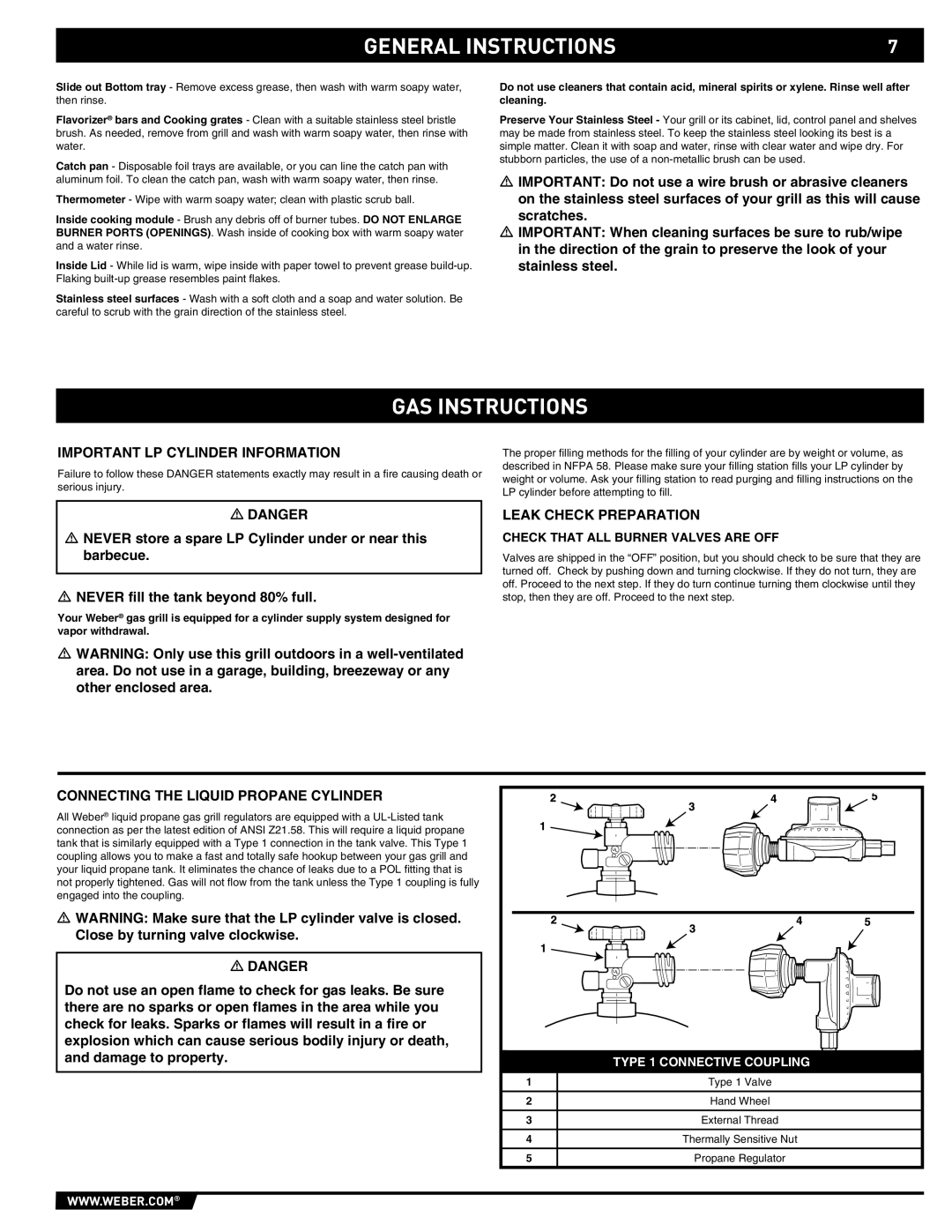 Summit 89190 Gas Instructions, General Instructions, Check That All Burner Valves Are Off, TYPE 1 CONNECTIVE COUPLING 