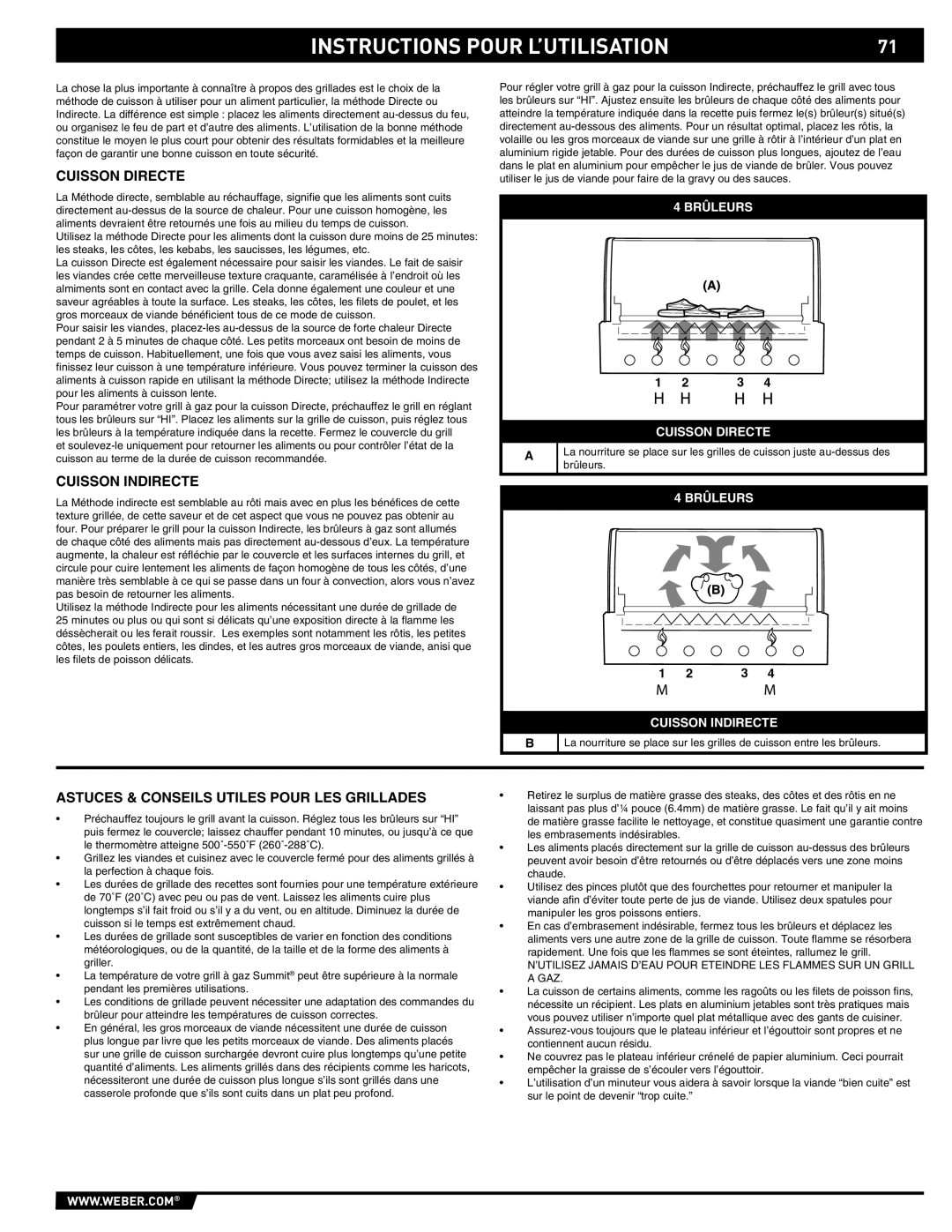 Summit 89190 manual Instructions Pour L’Utilisation, 4 BRÛLEURS, Cuisson Directe, Cuisson Indirecte 