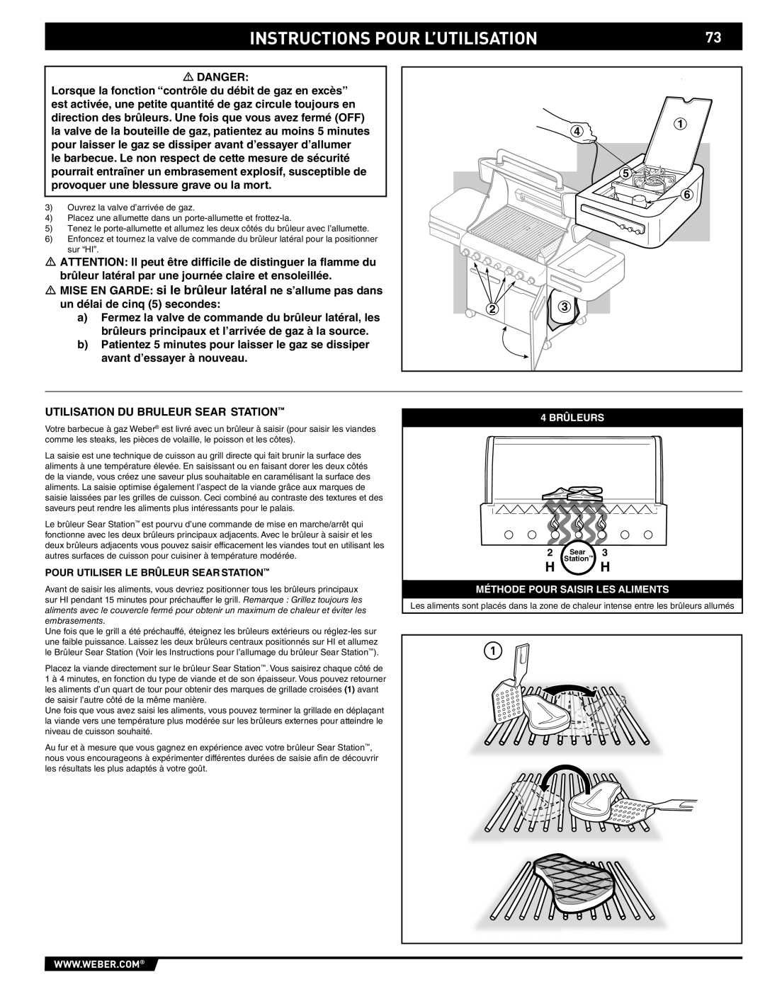 Summit 89190 manual Instructions Pour L’Utilisation, Pour Utiliser Le Brûleur Sear Station 